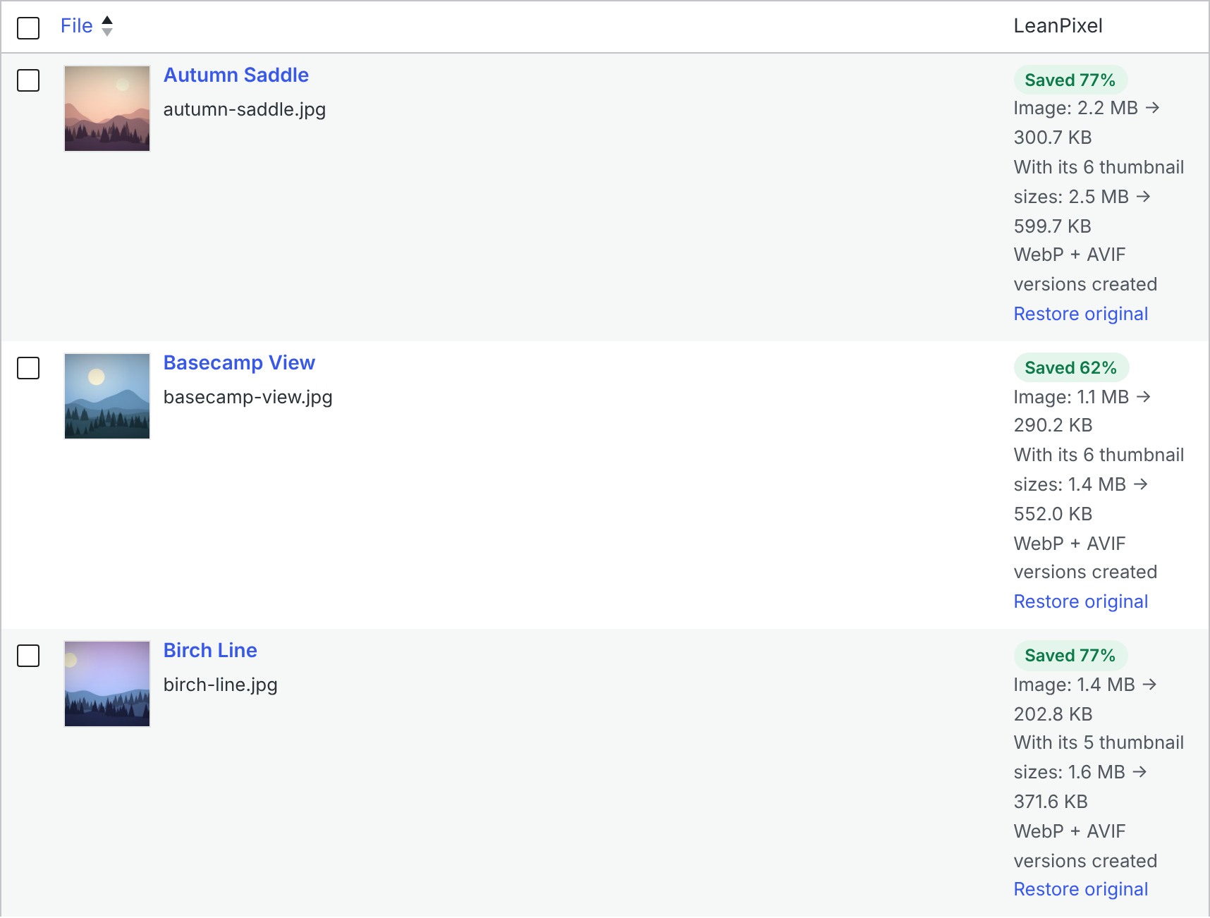 The WordPress media library with a LeanPixel column showing the saving for each image and a Restore original link.