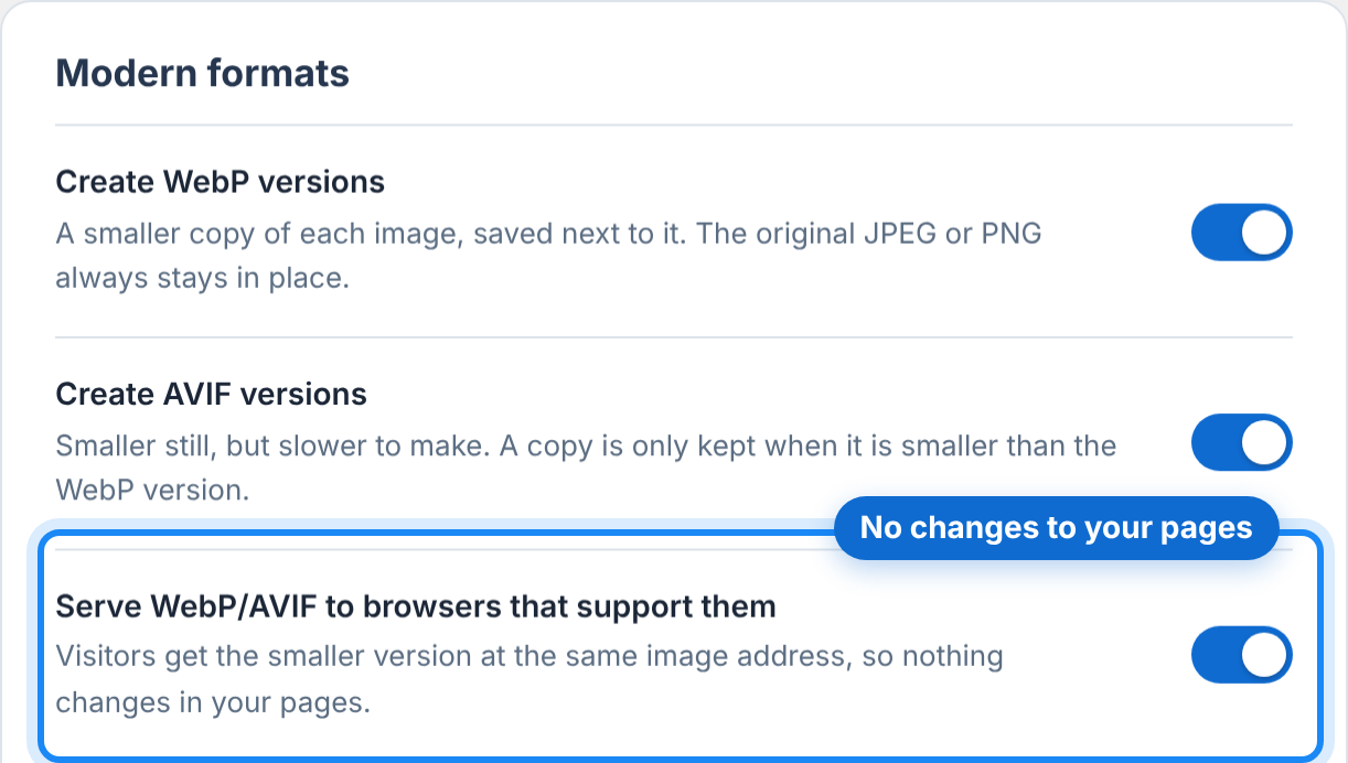 LeanPixel's Modern formats settings, with switches to create WebP versions, create AVIF versions and serve them to browsers that support them.