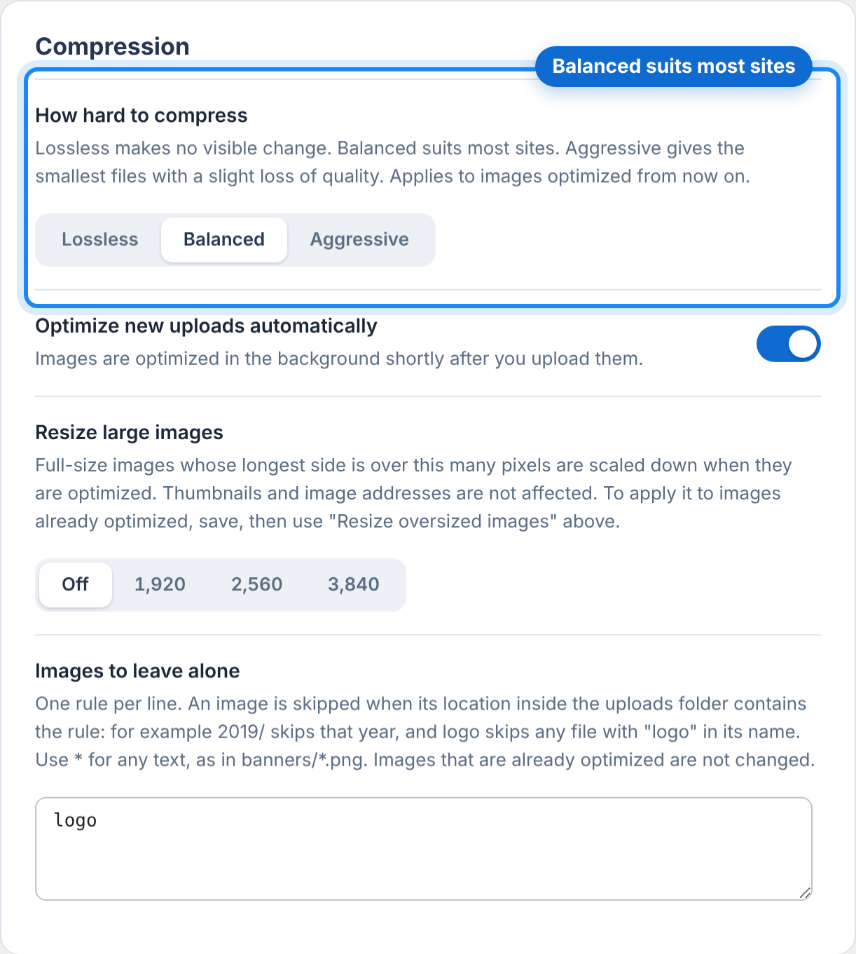 LeanPixel's Compression settings: three compression levels, automatic optimization of uploads, a maximum image size and exclude rules.